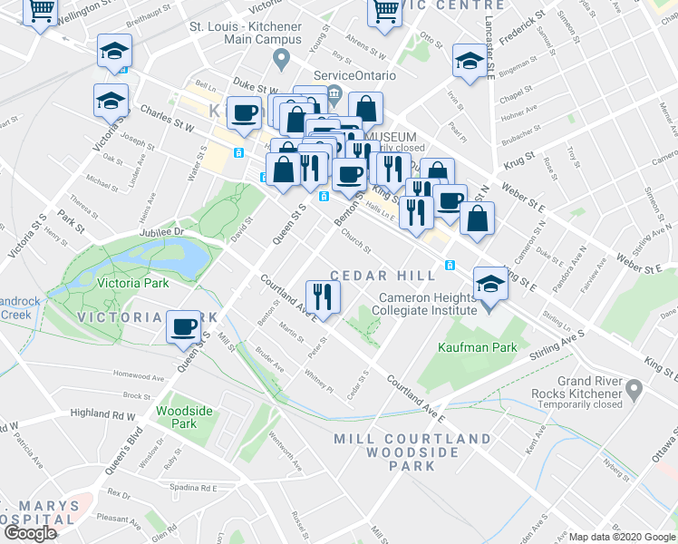 map of restaurants, bars, coffee shops, grocery stores, and more near Saint George Street in Kitchener