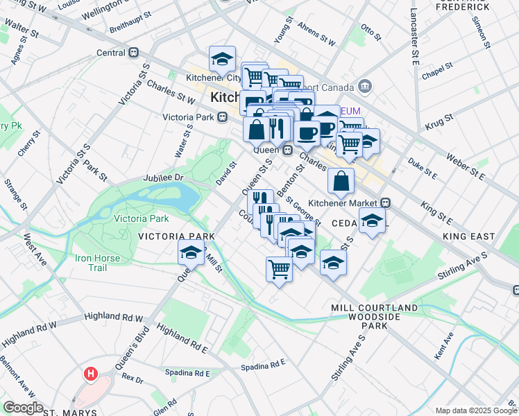map of restaurants, bars, coffee shops, grocery stores, and more near in Kitchener