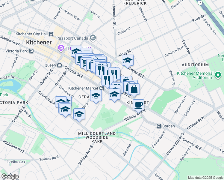 map of restaurants, bars, coffee shops, grocery stores, and more near 26 Madison Avenue South in Kitchener