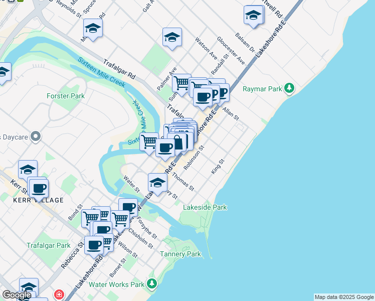 map of restaurants, bars, coffee shops, grocery stores, and more near 228 Lakeshore Road East in Oakville