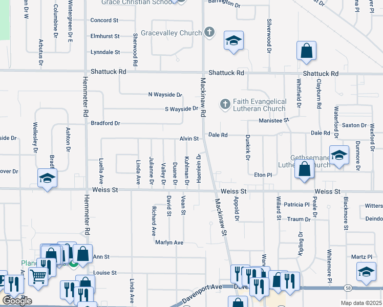 map of restaurants, bars, coffee shops, grocery stores, and more near 2638 Haenlein Drive in Saginaw