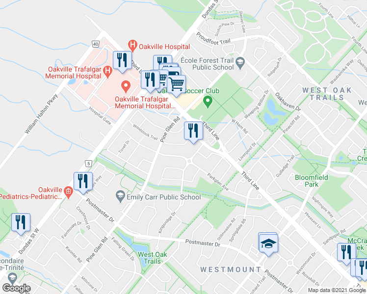 map of restaurants, bars, coffee shops, grocery stores, and more near 2112 Redstone Crescent in Oakville