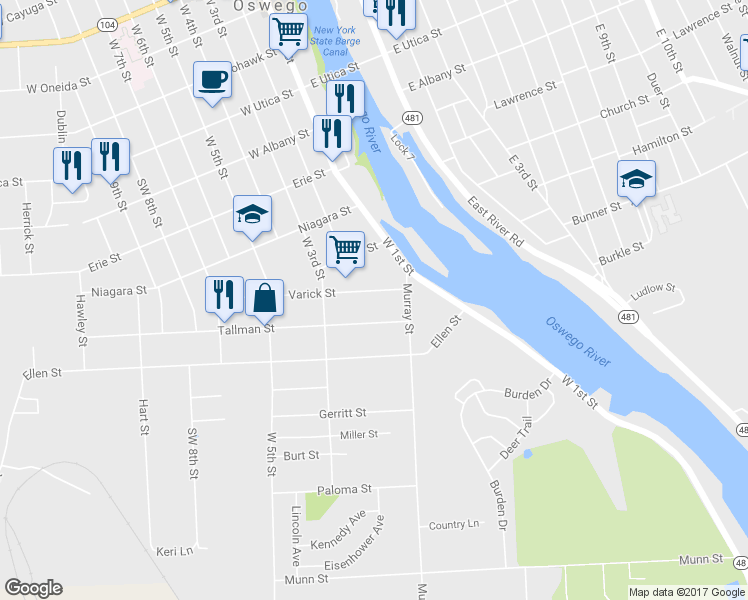map of restaurants, bars, coffee shops, grocery stores, and more near 18 Varick St in Oswego