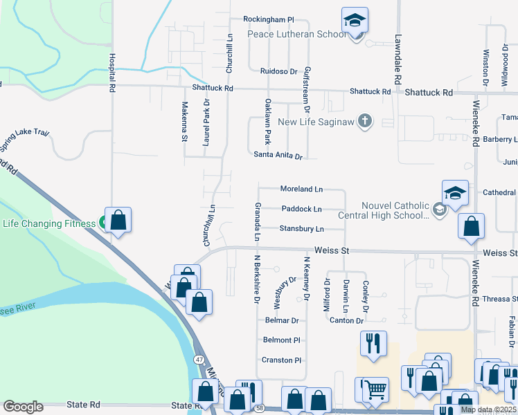 map of restaurants, bars, coffee shops, grocery stores, and more near 6498 Paddock Lane in Saginaw