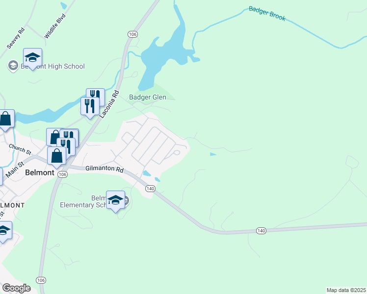 map of restaurants, bars, coffee shops, grocery stores, and more near 36 Holiday Lane in Belmont