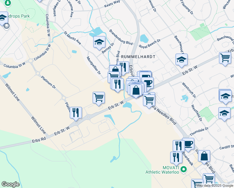 map of restaurants, bars, coffee shops, grocery stores, and more near 668 Erb Street West in Waterloo