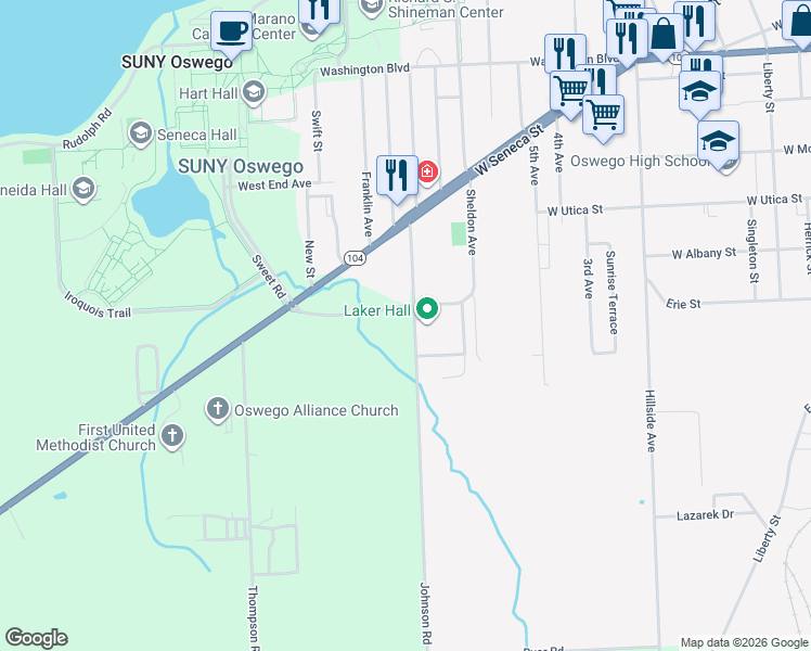 map of restaurants, bars, coffee shops, grocery stores, and more near 2771 County Route 7 in Oswego