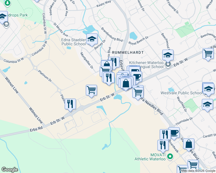 map of restaurants, bars, coffee shops, grocery stores, and more near 668 Erb Street West in Waterloo