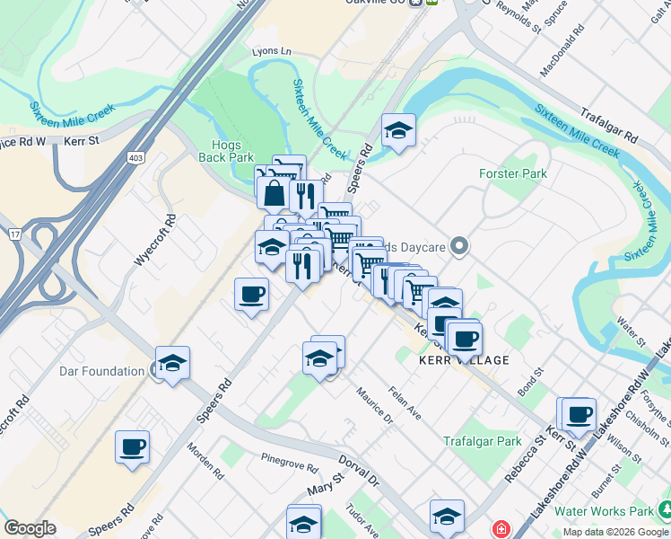 map of restaurants, bars, coffee shops, grocery stores, and more near 476 Kerr Street in Oakville