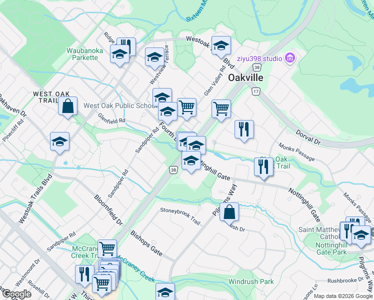 map of restaurants, bars, coffee shops, grocery stores, and more near Upper Middle Rd W & Fourth Line in Oakville