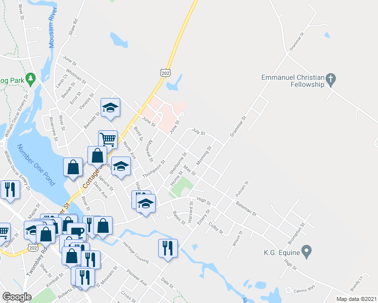 map of restaurants, bars, coffee shops, grocery stores, and more near 45 Sherburne Street in Sanford