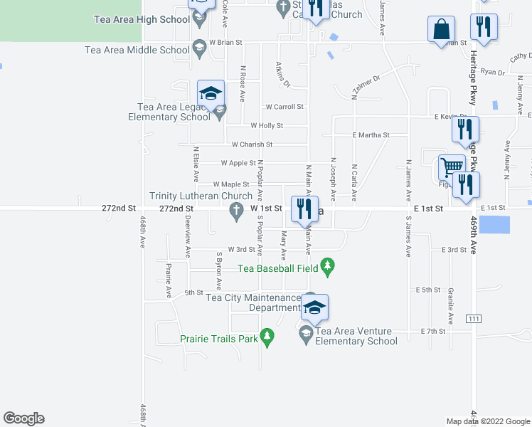 map of restaurants, bars, coffee shops, grocery stores, and more near 235 West 1st Street in Tea