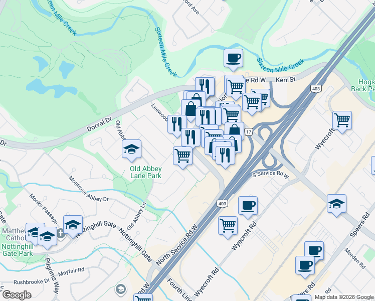 map of restaurants, bars, coffee shops, grocery stores, and more near 1109 Lindsay Drive in Oakville