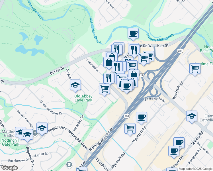 map of restaurants, bars, coffee shops, grocery stores, and more near 1111 Lindsay Drive in Oakville