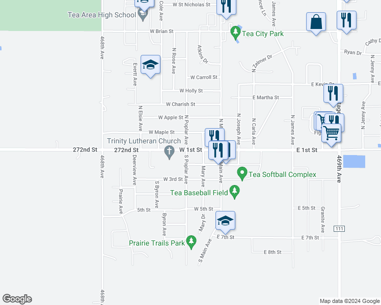 map of restaurants, bars, coffee shops, grocery stores, and more near 235 West 1st Street in Tea