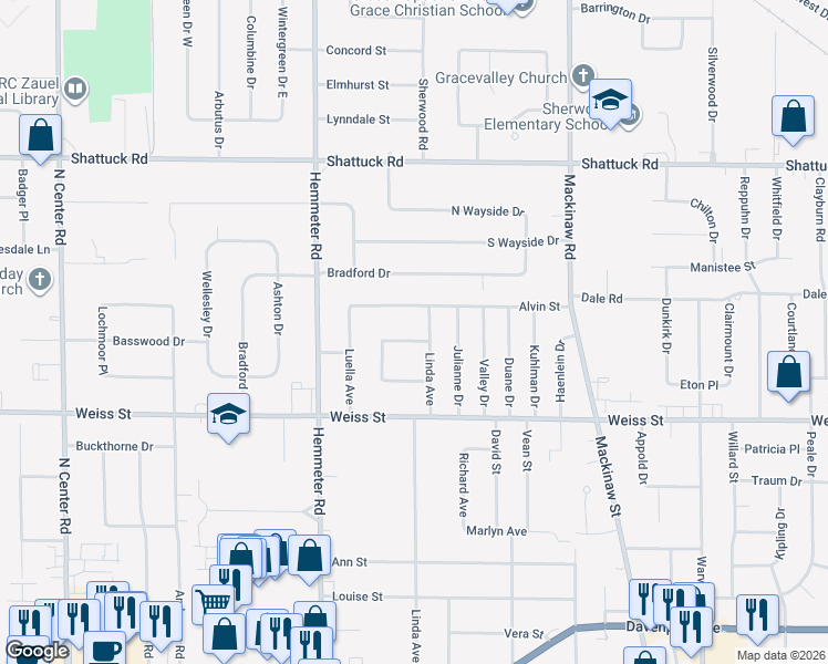 map of restaurants, bars, coffee shops, grocery stores, and more near 4325 Markham Street in Saginaw