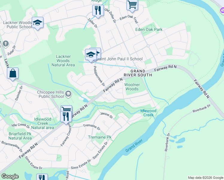map of restaurants, bars, coffee shops, grocery stores, and more near in Kitchener