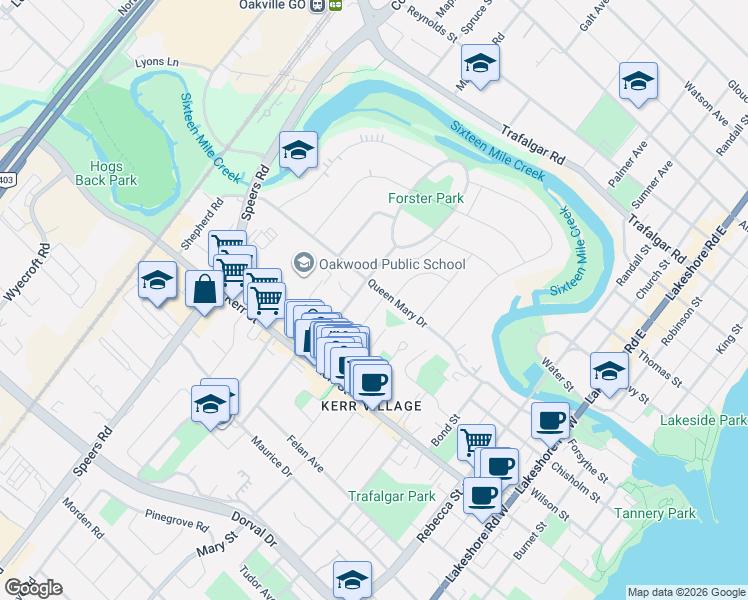 map of restaurants, bars, coffee shops, grocery stores, and more near 7 Washington Avenue in Oakville
