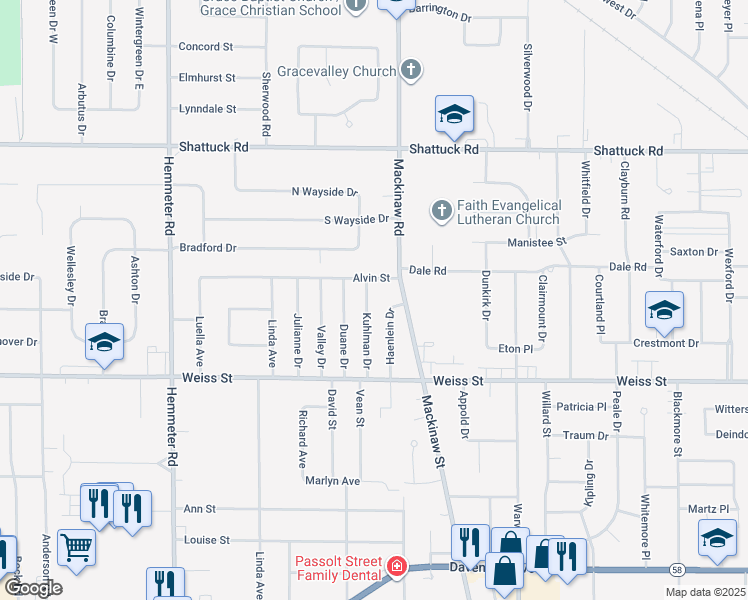 map of restaurants, bars, coffee shops, grocery stores, and more near 2643 Kuhlman Drive in Saginaw
