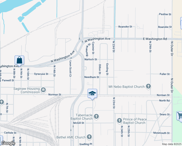 map of restaurants, bars, coffee shops, grocery stores, and more near 2423 Needham Street in Saginaw