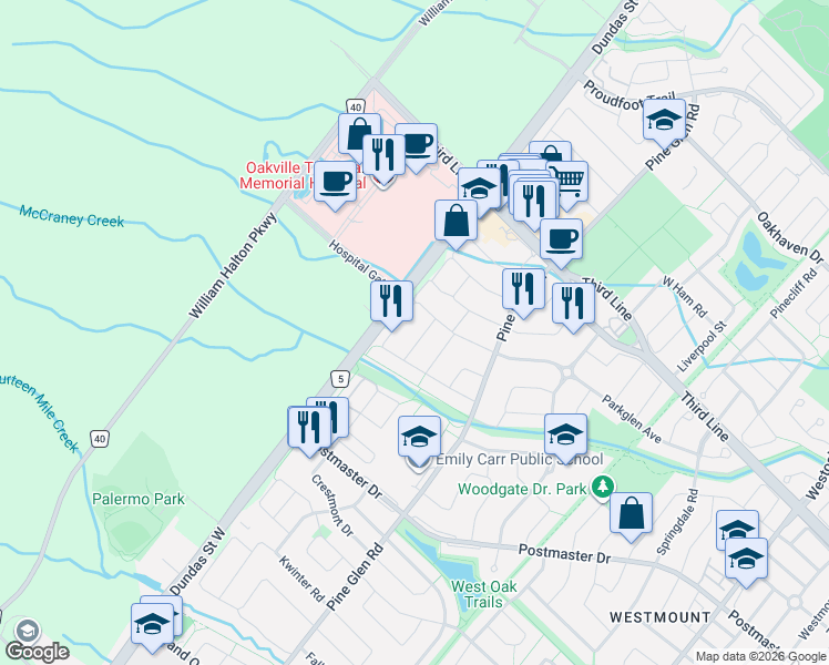 map of restaurants, bars, coffee shops, grocery stores, and more near 2089 Tovell Drive in Oakville