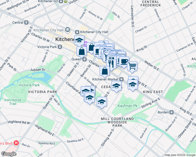 map of restaurants, bars, coffee shops, grocery stores, and more near 81 Church Street in Kitchener