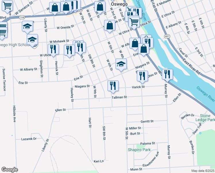map of restaurants, bars, coffee shops, grocery stores, and more near 291 West 8th Street in Oswego