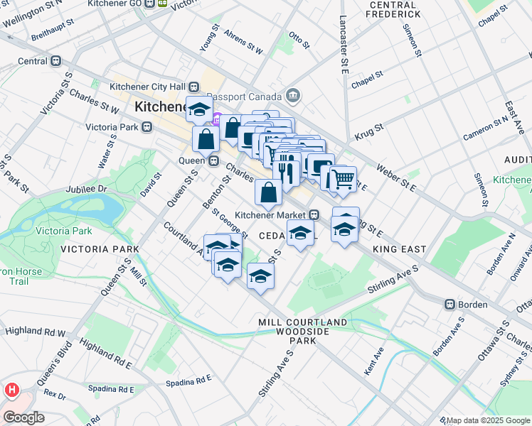 map of restaurants, bars, coffee shops, grocery stores, and more near 108 Church Street in Kitchener