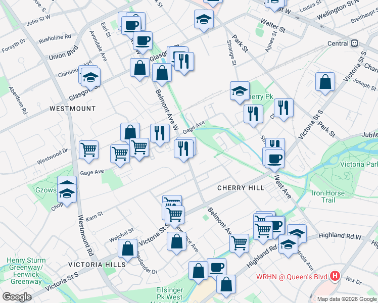 map of restaurants, bars, coffee shops, grocery stores, and more near 450 A Belmont Avenue West in Kitchener