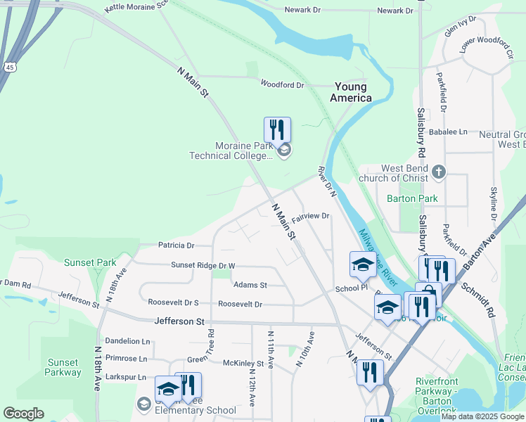 map of restaurants, bars, coffee shops, grocery stores, and more near 2040 North Main Street in West Bend