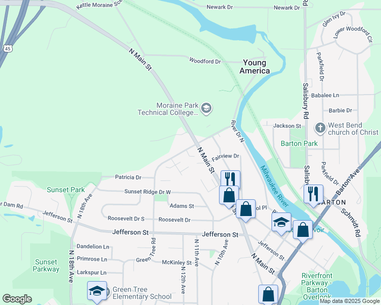 map of restaurants, bars, coffee shops, grocery stores, and more near 2040 North Main Street in West Bend