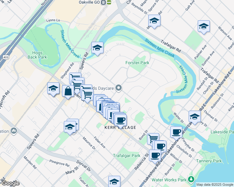 map of restaurants, bars, coffee shops, grocery stores, and more near 12 Stewart Street in Oakville