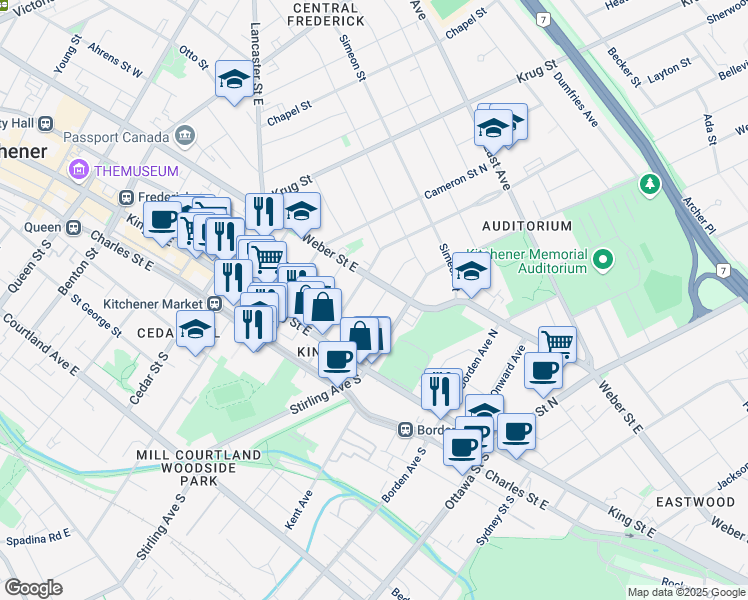 map of restaurants, bars, coffee shops, grocery stores, and more near 52 Fairview Avenue in Kitchener