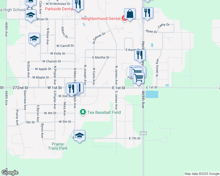 map of restaurants, bars, coffee shops, grocery stores, and more near 501 East 1st Street in Tea