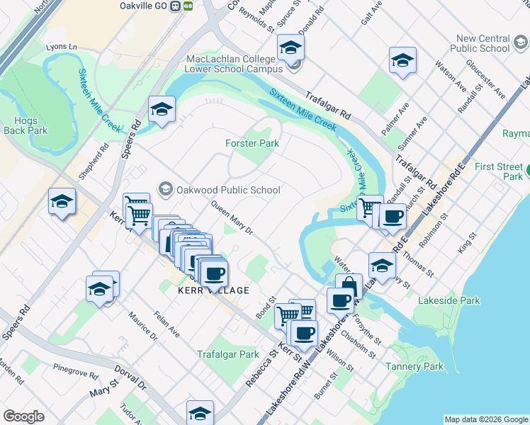 map of restaurants, bars, coffee shops, grocery stores, and more near 236 River Side Drive in Oakville