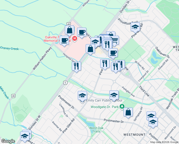 map of restaurants, bars, coffee shops, grocery stores, and more near 2267 Whistling Springs Crescent in Oakville