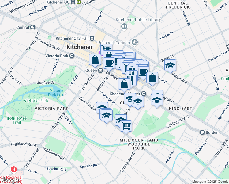 map of restaurants, bars, coffee shops, grocery stores, and more near 108 Church Street in Kitchener