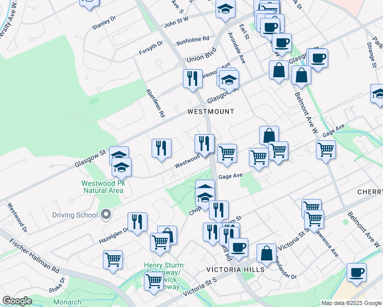 map of restaurants, bars, coffee shops, grocery stores, and more near 43 Westwood Drive in Kitchener