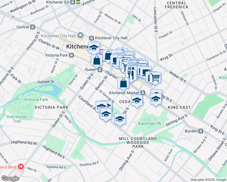map of restaurants, bars, coffee shops, grocery stores, and more near 81 Church Street in Kitchener