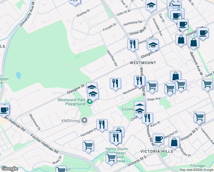 map of restaurants, bars, coffee shops, grocery stores, and more near 34 Westwood Crescent in Kitchener