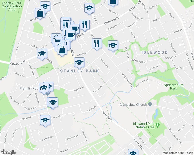map of restaurants, bars, coffee shops, grocery stores, and more near 46 Wayne Drive in Kitchener