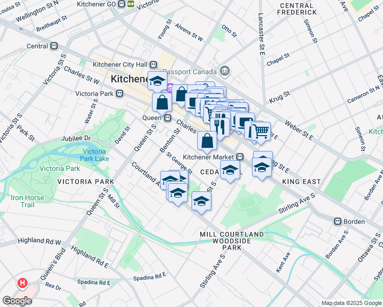 map of restaurants, bars, coffee shops, grocery stores, and more near 81 Church Street in Kitchener