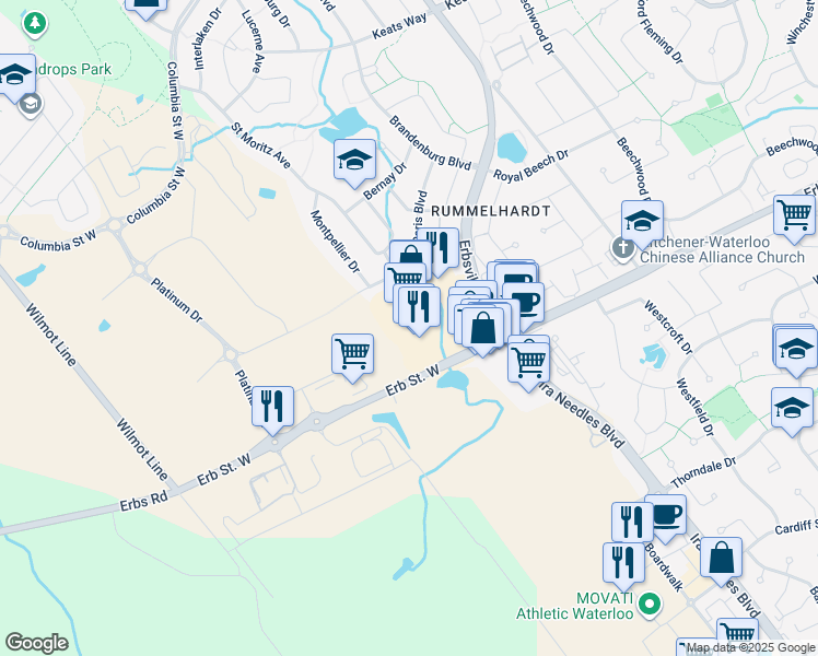 map of restaurants, bars, coffee shops, grocery stores, and more near 668 Erb Street West in Waterloo