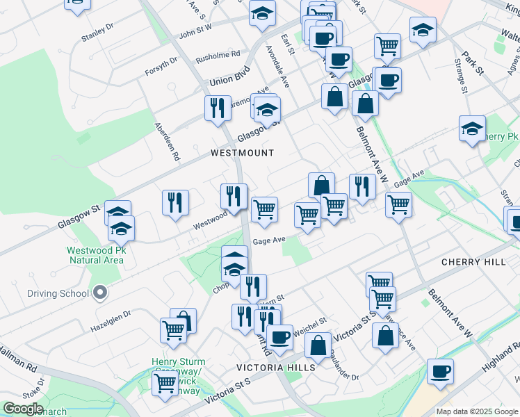 map of restaurants, bars, coffee shops, grocery stores, and more near 205 Brandon Avenue in Kitchener
