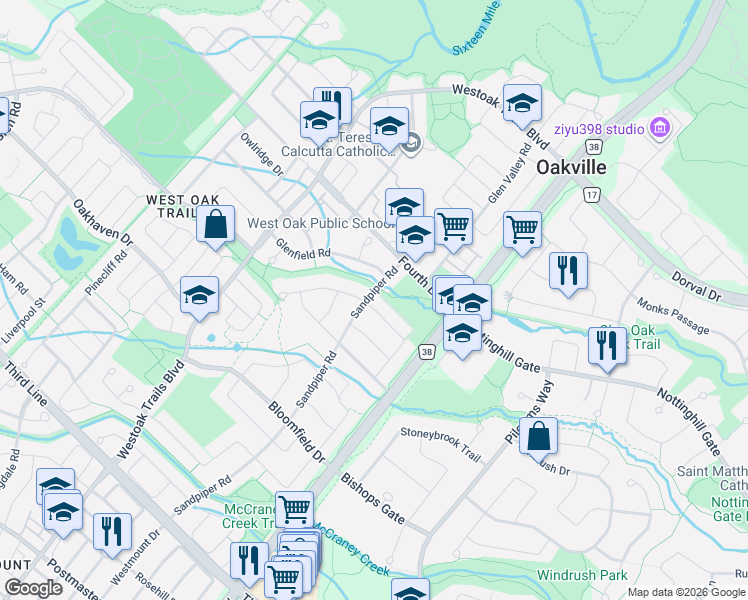map of restaurants, bars, coffee shops, grocery stores, and more near 2137 Frontier Drive in Oakville