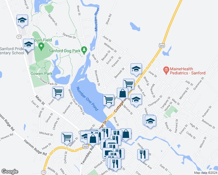 map of restaurants, bars, coffee shops, grocery stores, and more near 49 River Street in Sanford