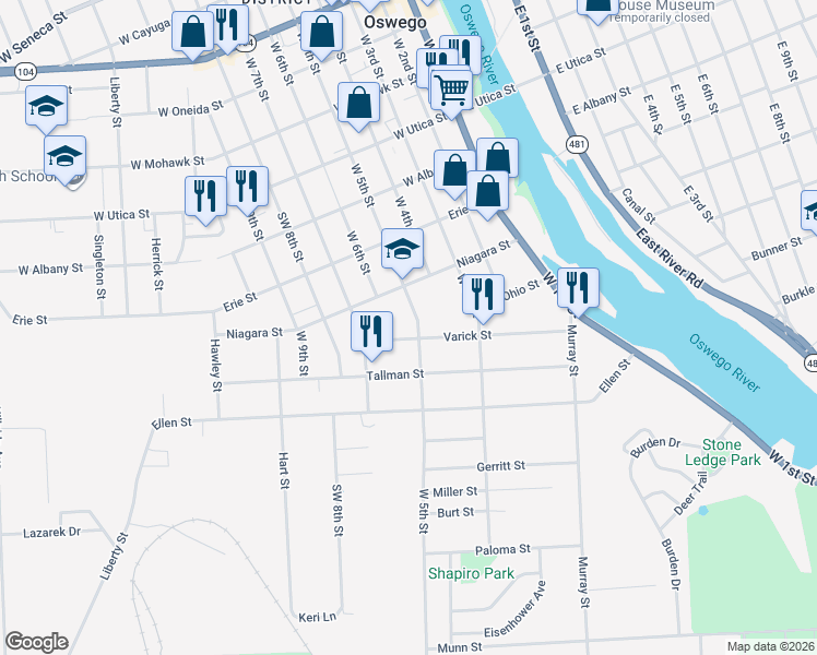map of restaurants, bars, coffee shops, grocery stores, and more near 303 West 5th Street in Oswego