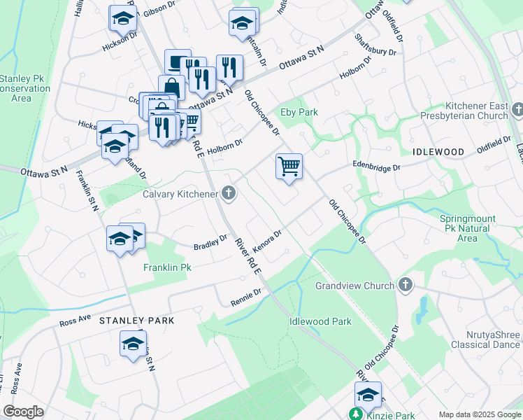 map of restaurants, bars, coffee shops, grocery stores, and more near 62 Wayne Drive in Kitchener