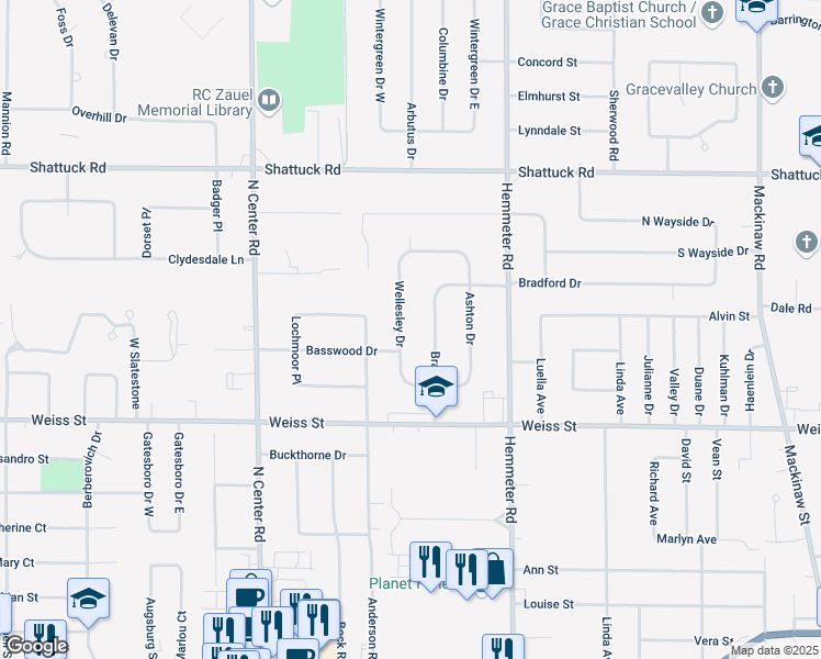 map of restaurants, bars, coffee shops, grocery stores, and more near 2646 Wellesley Drive in Saginaw
