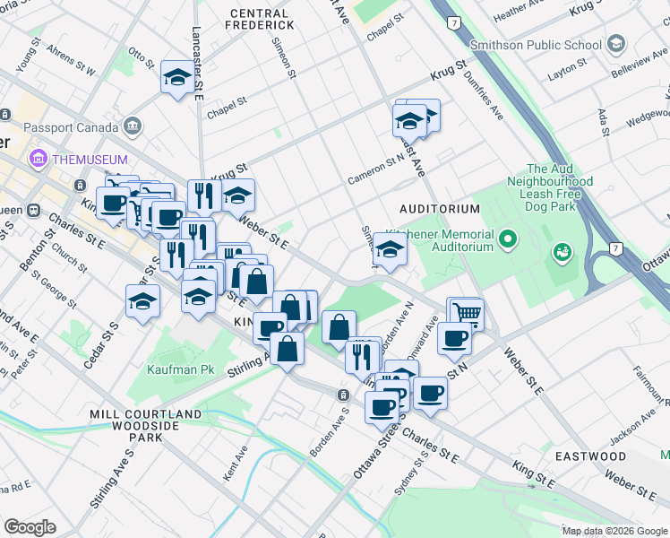 map of restaurants, bars, coffee shops, grocery stores, and more near 224 Weber Street East in Kitchener